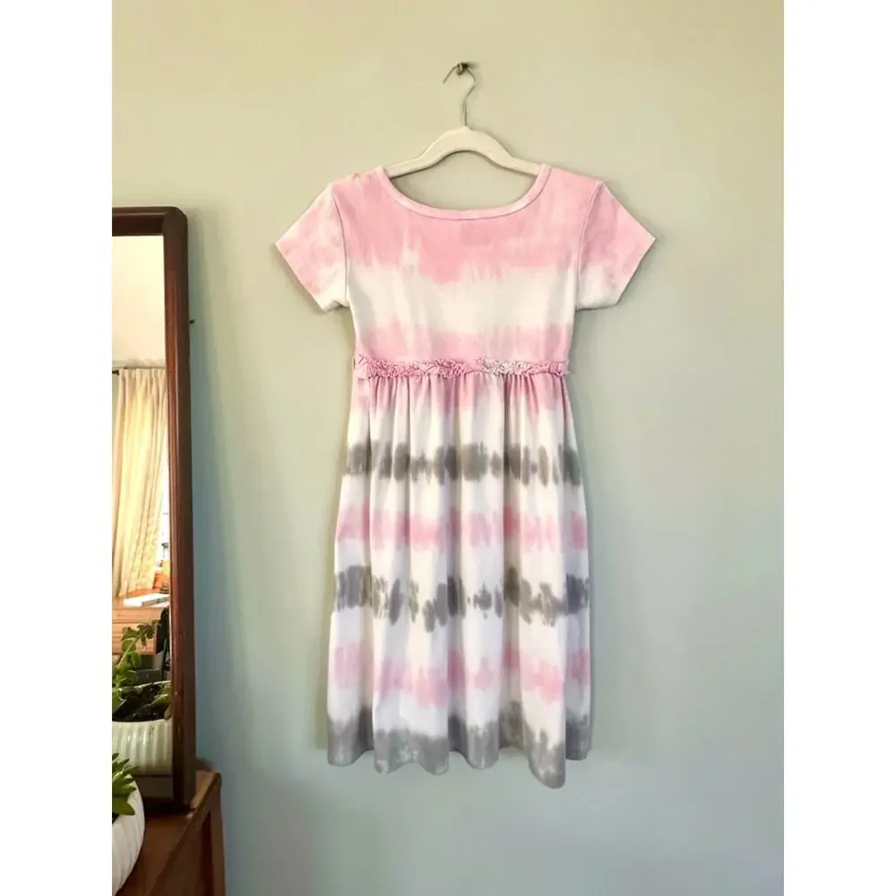 Vintage Girls Tie Dye Dress Rhinestone Heart Ruffle Empire Waist Size 8 Boho